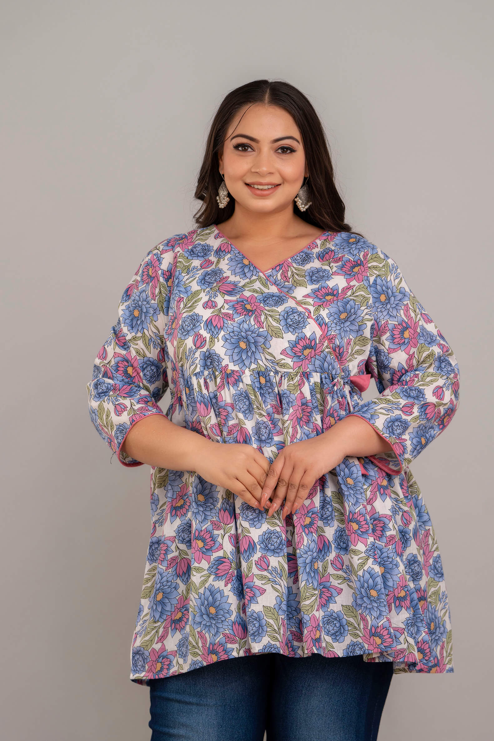 Plus Size White Floral Rayon Short Kurti Tunic for Curvy and Fat Women – Front View