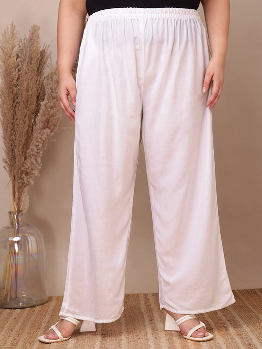 Plus size white rayon palazzo pants for curvy women, lightweight and flowy wide-leg fit – Curvisha
