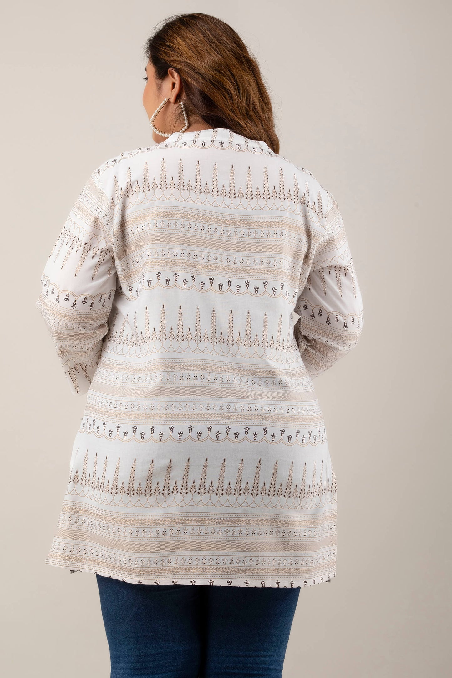 Elegant Beige and White Rayon Tunic with Ethnic Print for Plus Size Women back view
