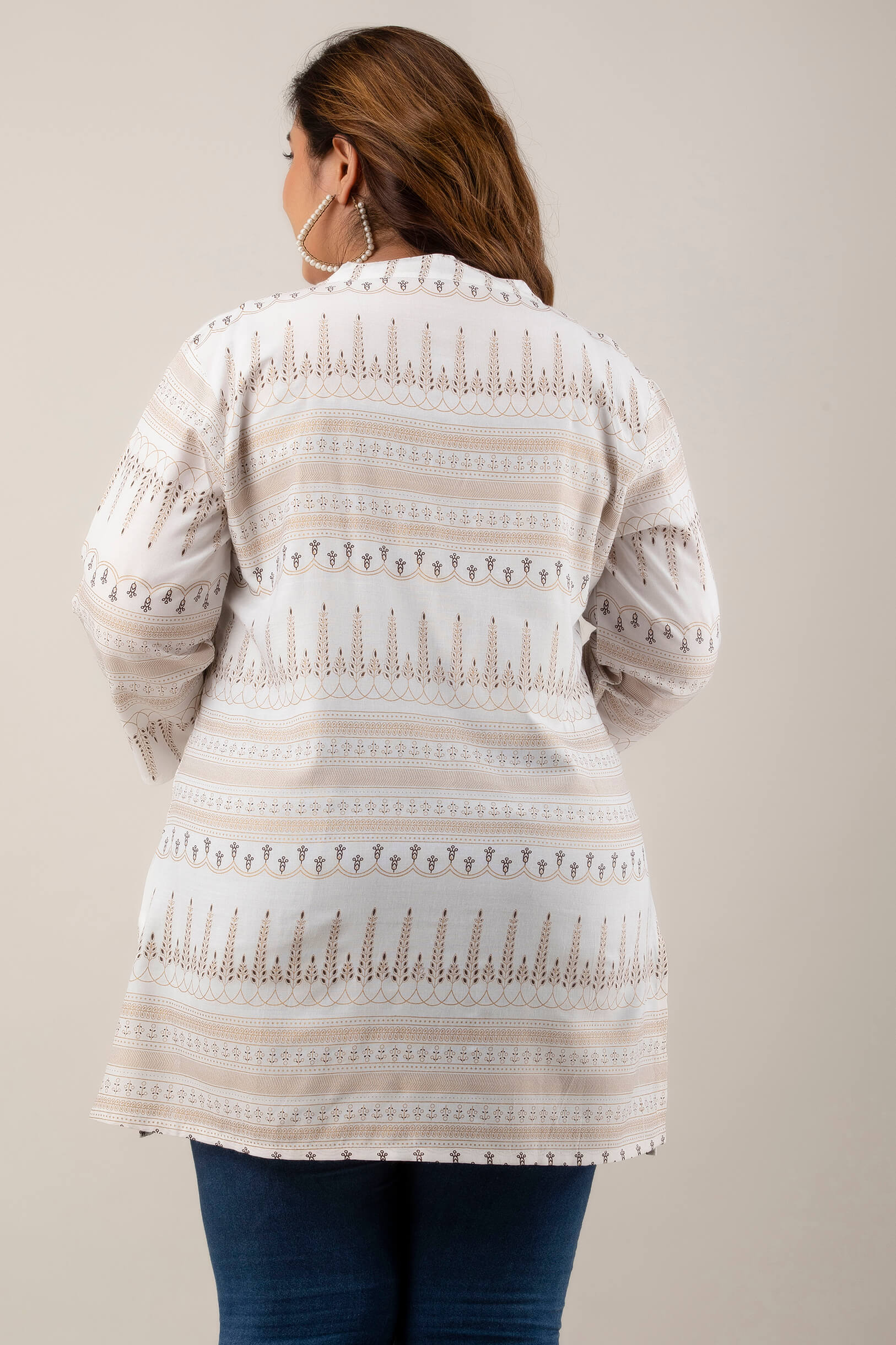 Elegant Beige and White Rayon Tunic with Ethnic Print for Plus Size Women back view