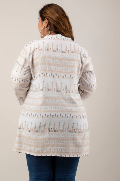 Elegant Beige and White Rayon Tunic with Ethnic Print for Plus Size Women back view