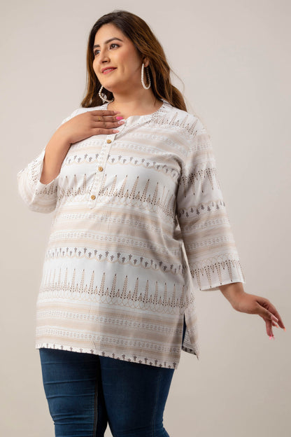 Side View of Plus Size White Rayon Tunic – Comfortable Everyday Wear