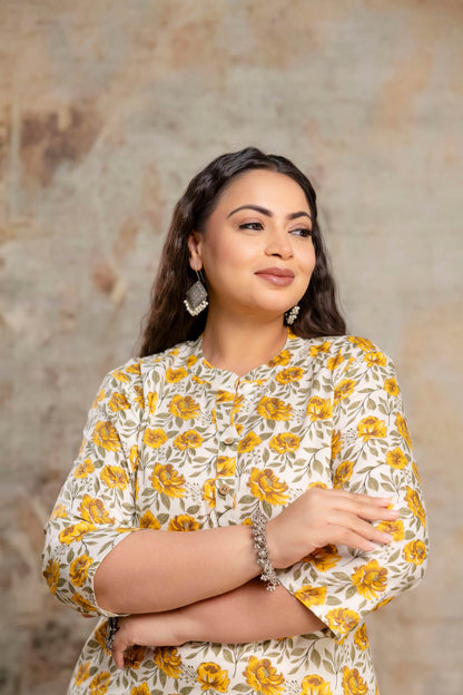 Plus size yellow cotton kurti for curvy women, breathable fabric everyday big size clothing