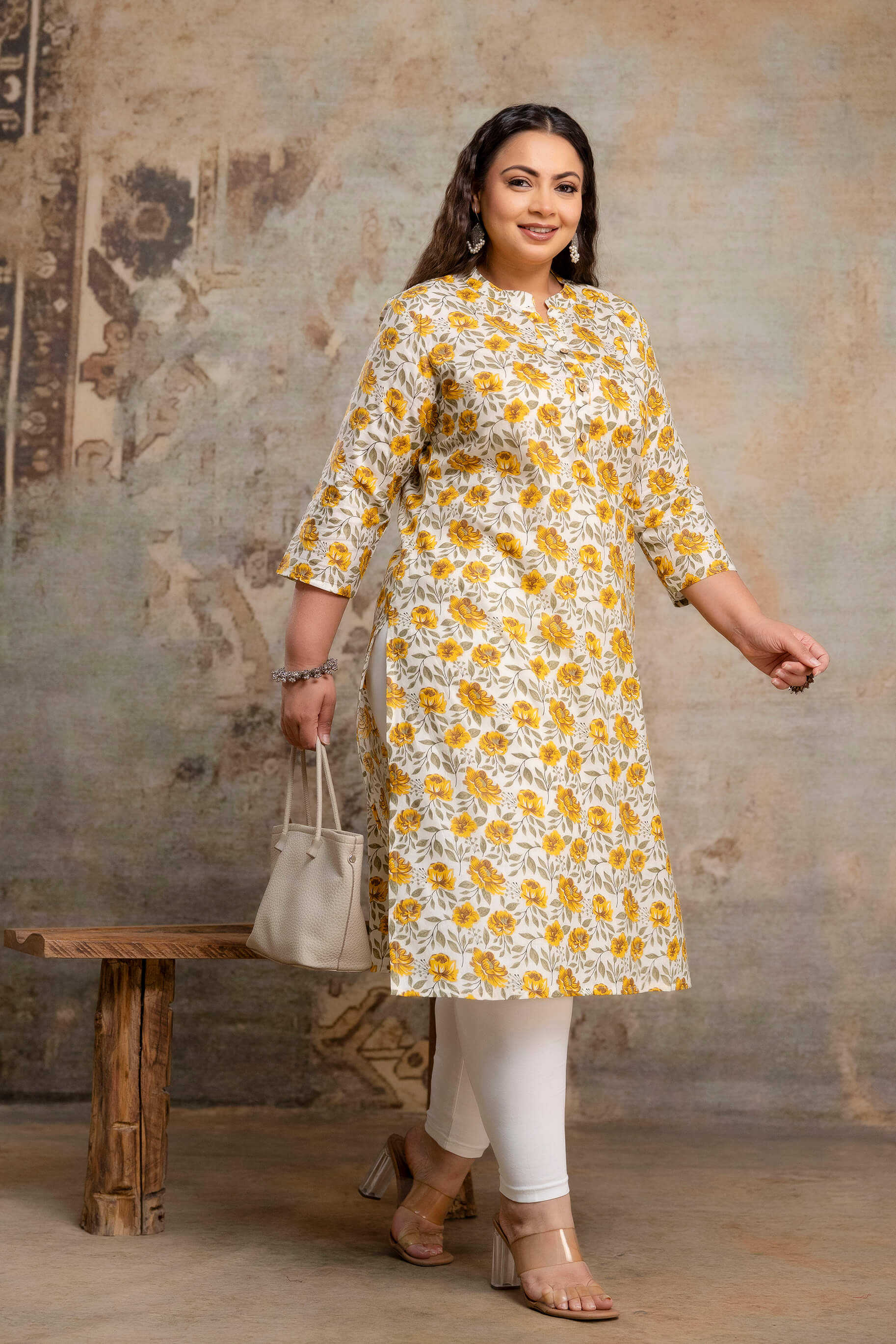Plus size yellow cotton kurti styled with leggings, fat size kurti daily wear