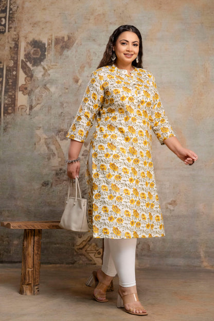Plus size yellow cotton kurti styled with leggings, fat size kurti daily wear