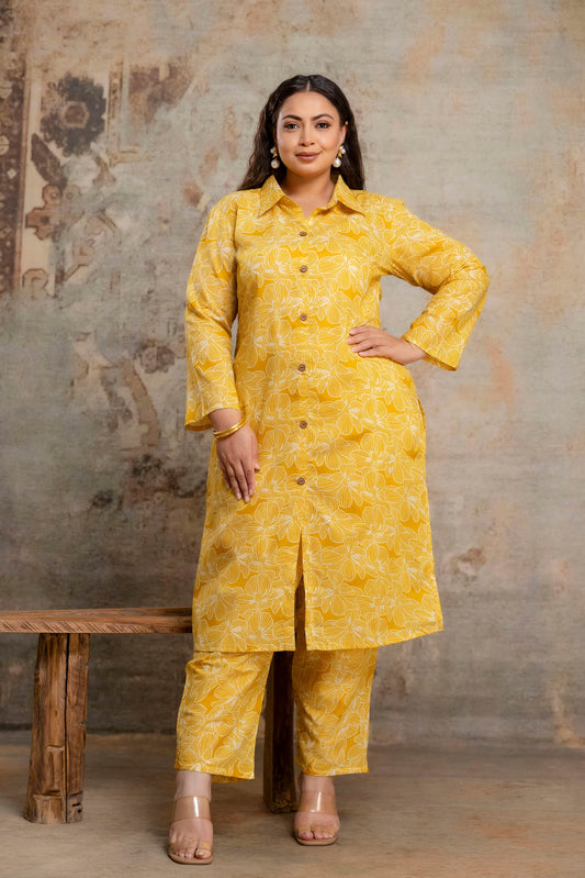 Plus size yellow floral cotton kurti pant set for fat women, big size clothing front view for curvy and fat bodies