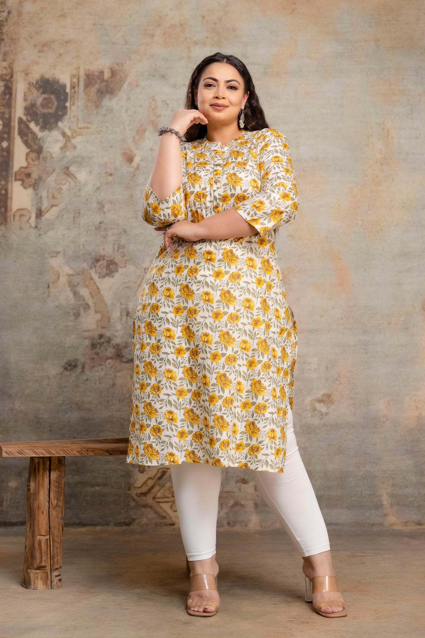 Plus size floral printed cotton kurti full length view for fat women clothing