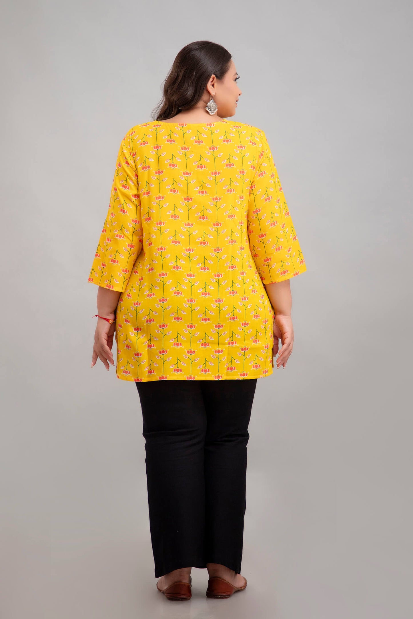Plus Size Yellow Floral Rayon Short Kurti Tunic for Women – Back View