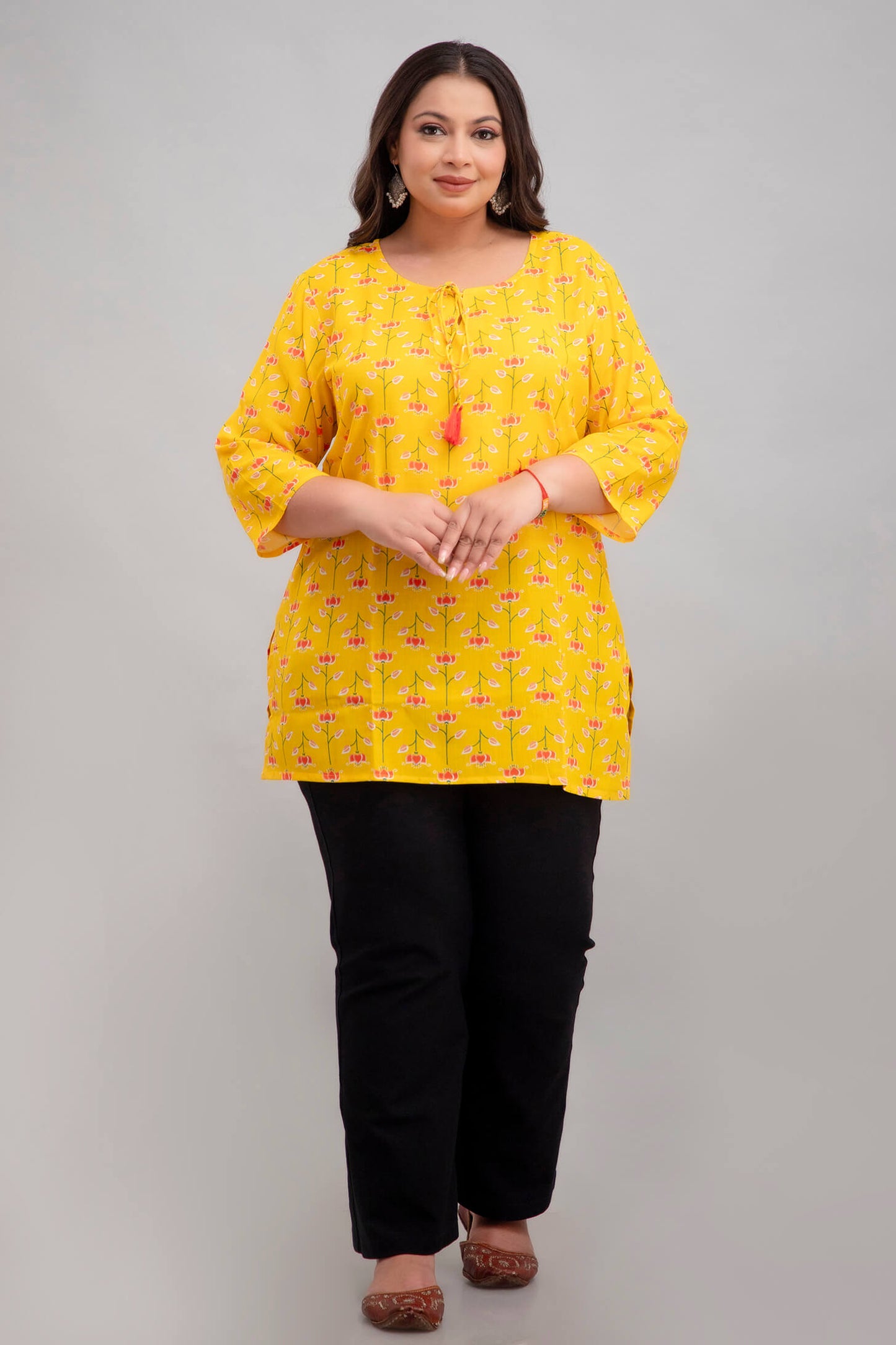 Plus Size Yellow Floral Rayon Short Kurti Tunic for Women – Front View
