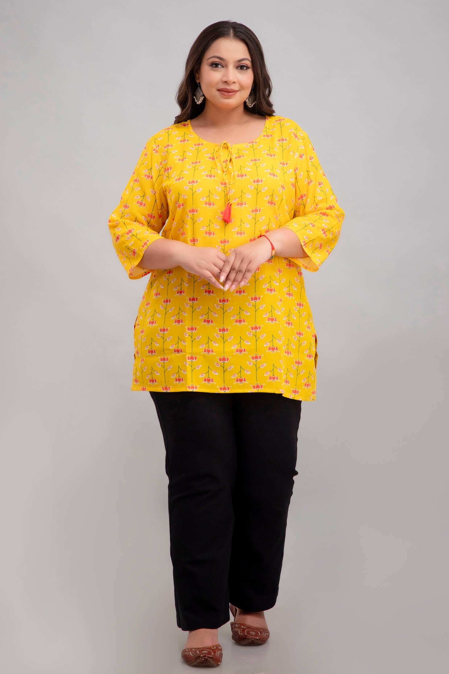 Plus Size Yellow Floral Rayon Short Kurti Tunic for Women – Front View