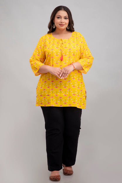 Plus Size Yellow Floral Rayon Short Kurti Tunic for Women – Front View