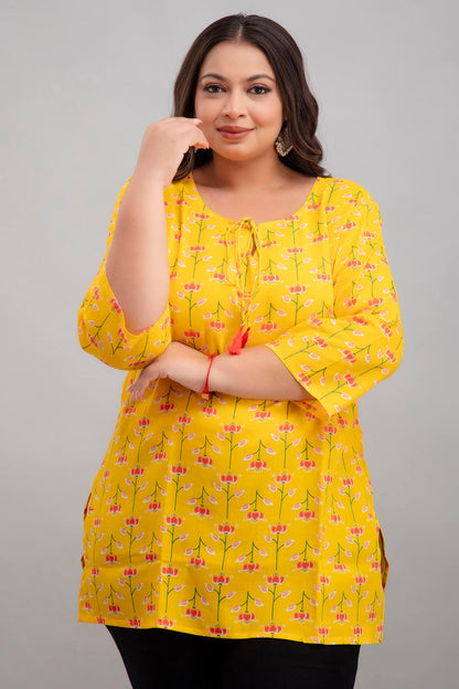 Plus Size Yellow Floral Rayon Short Kurti Tunic for fat woman