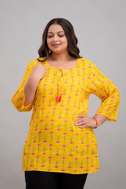 Plus Size Yellow Floral Rayon Tunic for Women – Mid Shot with Floral Print