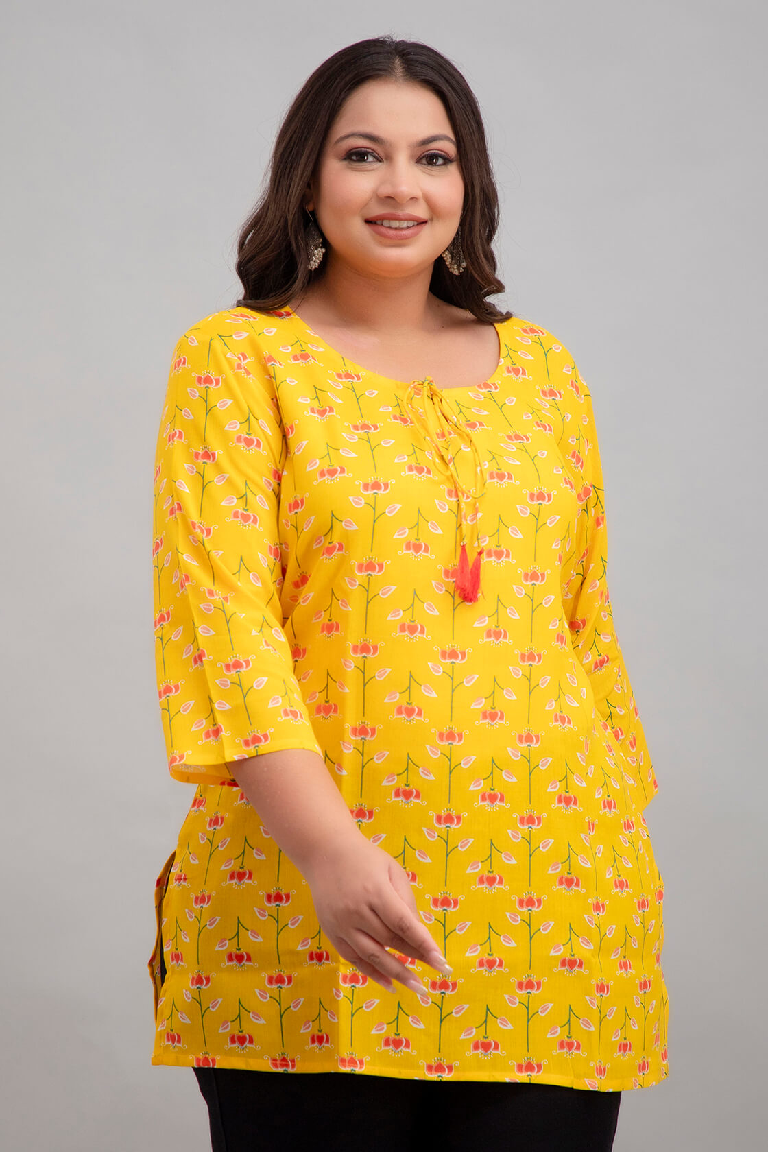 Plus Size Yellow Floral Rayon Short Kurti Tunic 3XL-8XL – Side Angle View