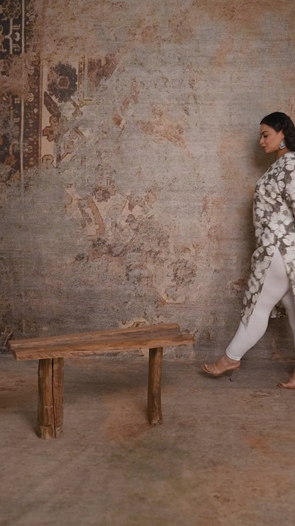 Model walking in Curvisha plus size olive green floral kurta, showing the breathable fabric and comfortable movement for curvy women.