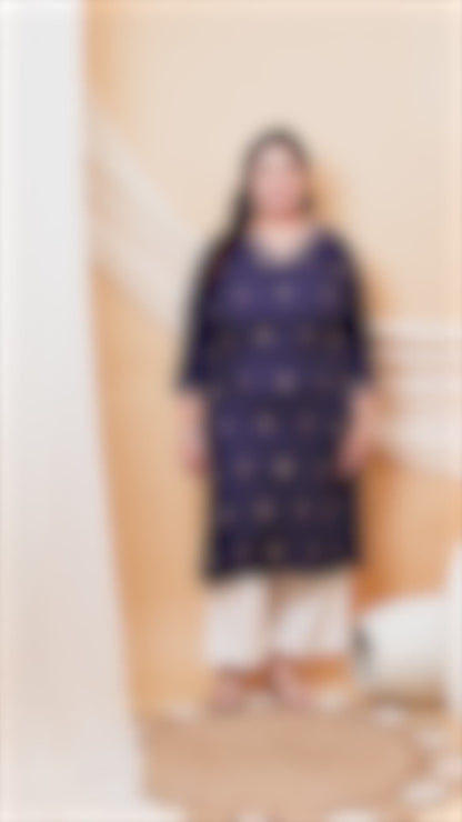 Classic navy blue plus size kurti for women with colorful star embroidery and embroidered cuffs.