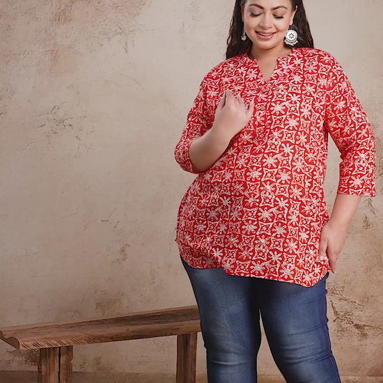 Red and white block print plus size short cotton kurti for women, featuring a comfortable fit perfect for pairing with denim.