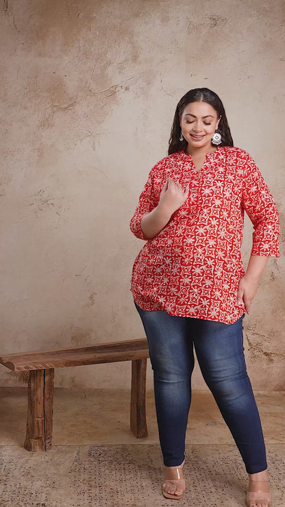 Red and white block print plus size short cotton kurti for women, featuring a comfortable fit perfect for pairing with denim.