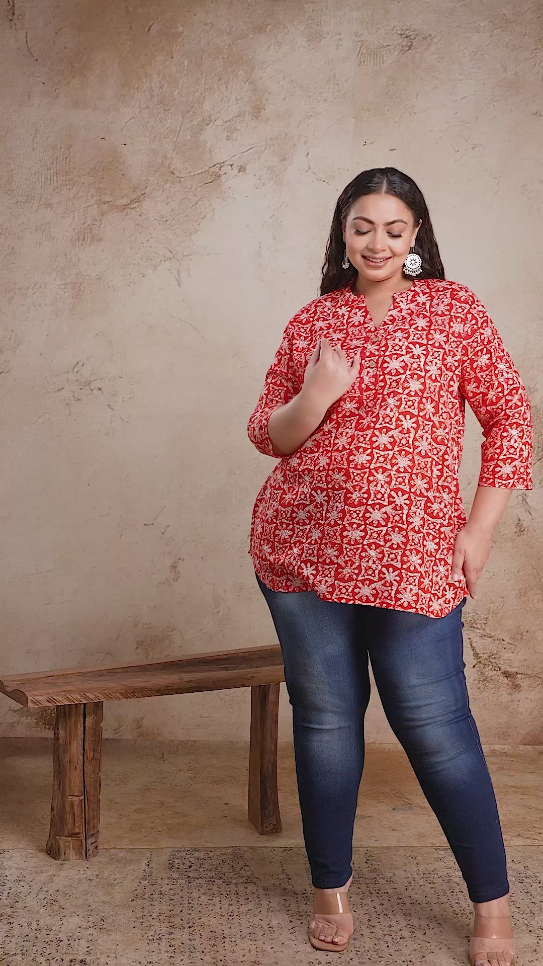 Red and white block print plus size short cotton kurti for women, featuring a comfortable fit perfect for pairing with denim.