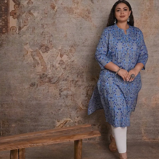 Sky blue floral printed plus size straight kurta for women, featuring a comfortable neckline and flattering silhouette by Curvisha.