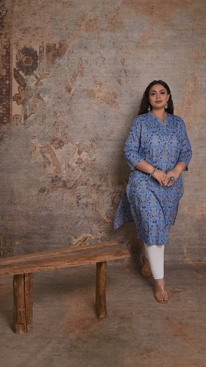 Sky blue floral printed plus size straight kurta for women, featuring a comfortable neckline and flattering silhouette by Curvisha.