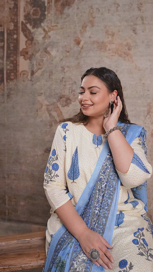 Plus size white cotton suit set with blue floral block print and matching dupatta by Curvisha, styled for a fresh summer ethnic look.