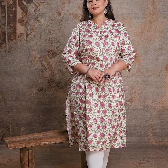 Plus size cream kurta with pink floral print and straight fit design, styled for daily ethnic wear by Curvisha.