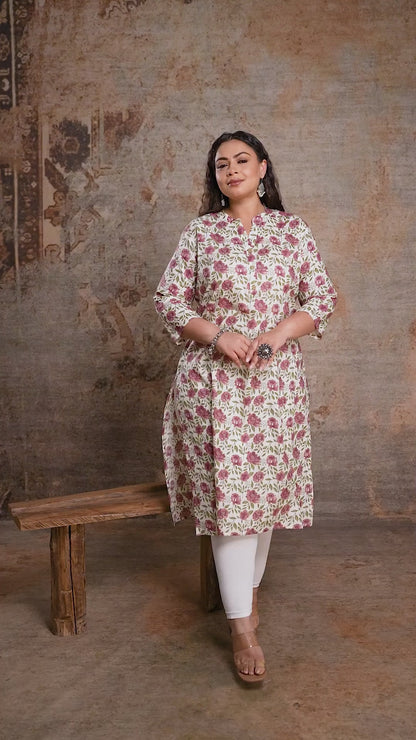Plus size cream kurta with pink floral print and straight fit design, styled for daily ethnic wear by Curvisha.