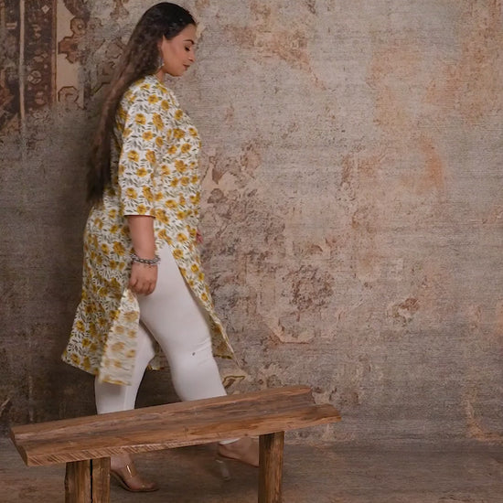 Bright yellow floral print plus size kurta lifestyle video, highlighting the vibrant summer colors and relaxed ethnic fit.