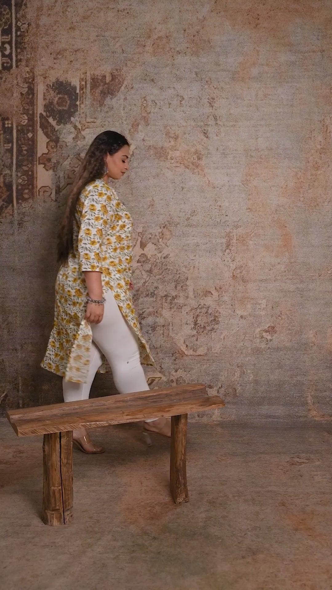 Bright yellow floral print plus size kurta lifestyle video, highlighting the vibrant summer colors and relaxed ethnic fit.