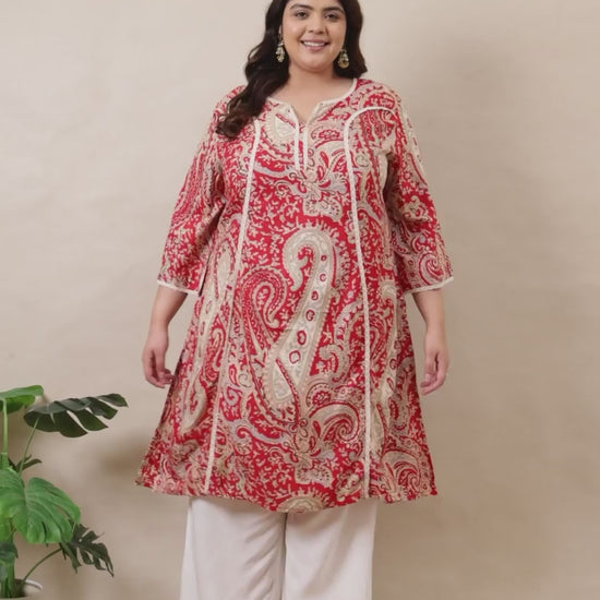 Vibrant red paisley plus size kurta set by Curvisha with white embroidery and matching palazzo pants.