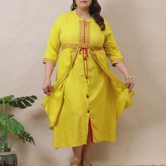Curvisha bright yellow plus size ethnic jacket kurta set with red embroidery and adjustable drawstring waist, perfect for festive occasions.