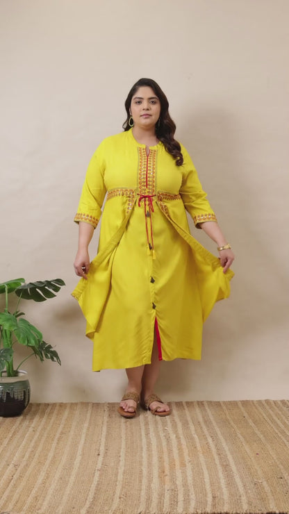 Curvisha bright yellow plus size ethnic jacket kurta set with red embroidery and adjustable drawstring waist, perfect for festive occasions.