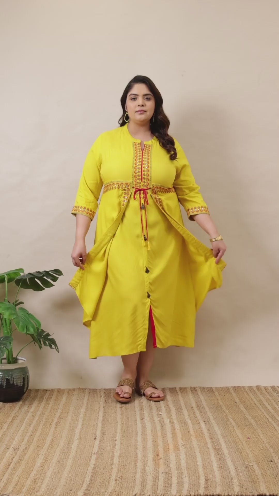 Curvisha bright yellow plus size ethnic jacket kurta set with red embroidery and adjustable drawstring waist, perfect for festive occasions.