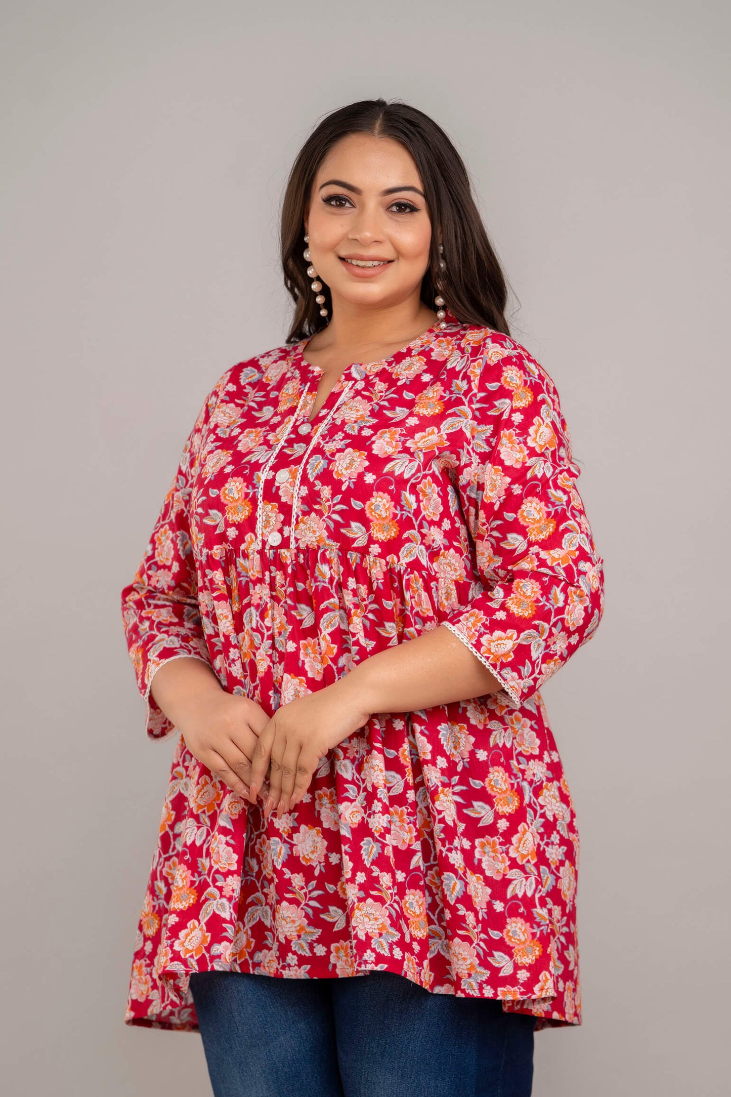 Detail Closeup of Red Floral Rayon Short Kurti Tunic – Plus Size Women’s Clothing by Curvisha