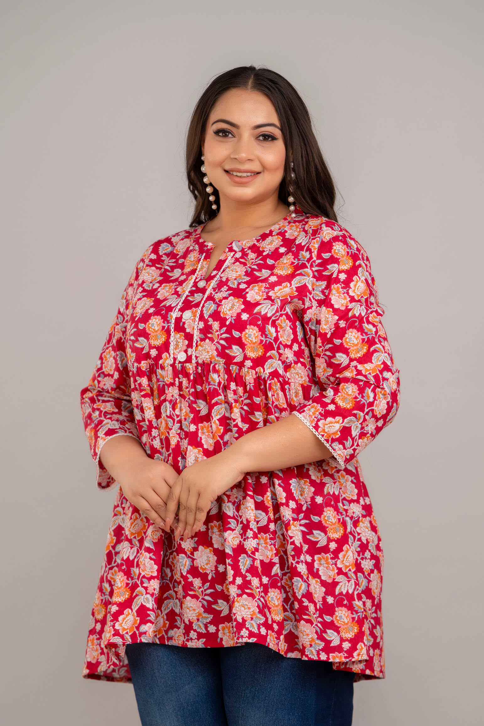 Detail Closeup of Red Floral Rayon Short Kurti Tunic – Plus Size Women’s Clothing by Curvisha