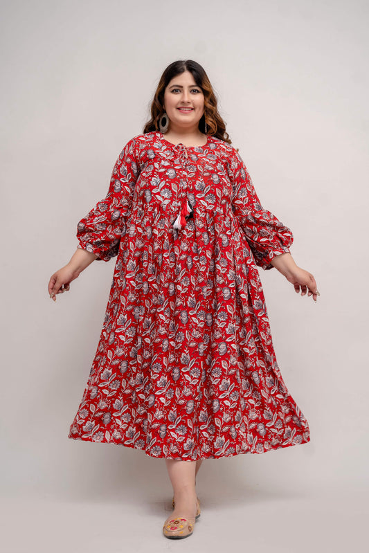 Plus size red rayon gathered dress for women, front view, big size outfit for curvy fit