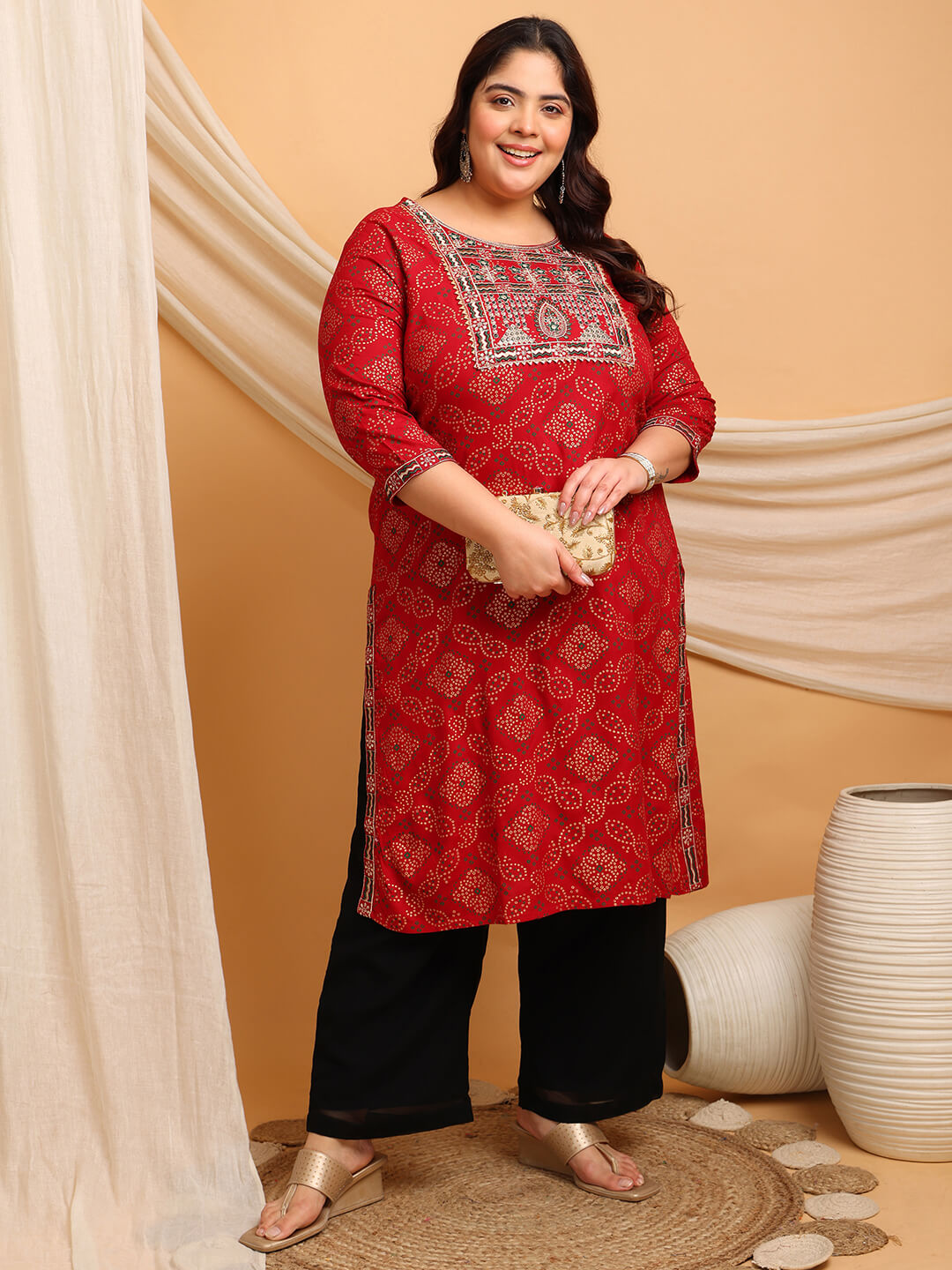 Red rayon embroidered kurti styled with clutch; chic plus size big size kurti for fat women by Curvisha