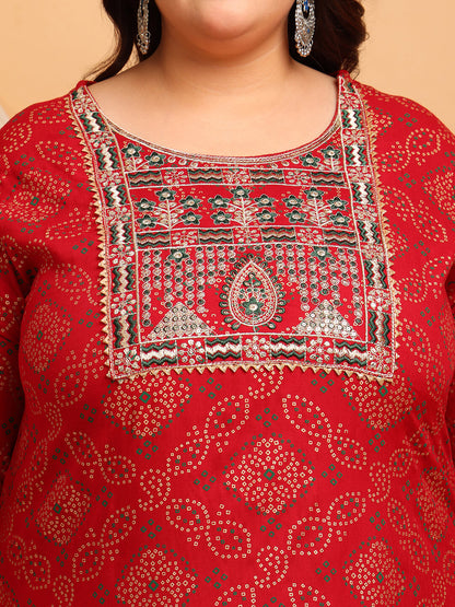 Close-up of embroidered yoke on red rayon kurti; festive plus size detail for big size fat women clothing