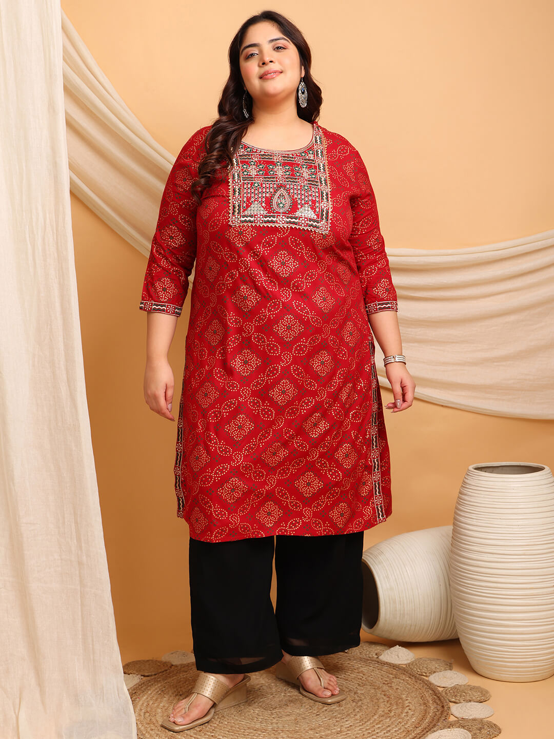 Red rayon printed embroidered kurti front view; plus size big size 3XL–9XL, fat-friendly ethnic wear