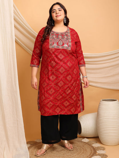 Red rayon printed embroidered kurti front view; plus size big size 3XL–9XL, fat-friendly ethnic wear