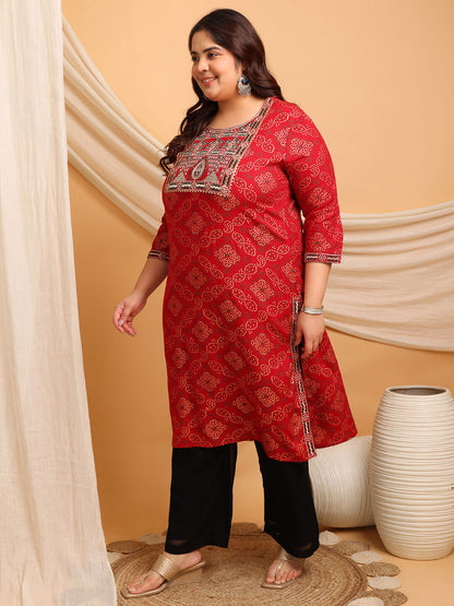Side view of red rayon kurti with square yoke; flattering plus size big size fit for fat body types