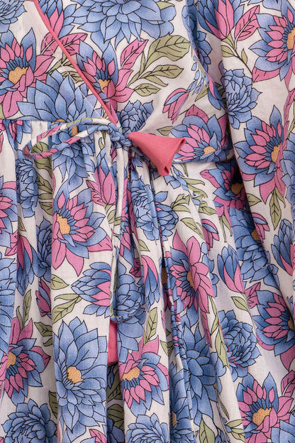 Tie-Up Detail Closeup of White Floral Rayon Short Kurti Tunic – Fat Women Big Size Clothing