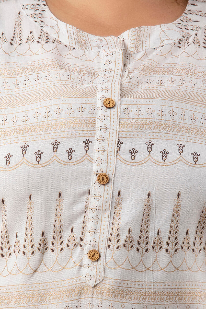 Stylish White Printed Rayon Short Kurti for Women with Wooden Button Detailing
