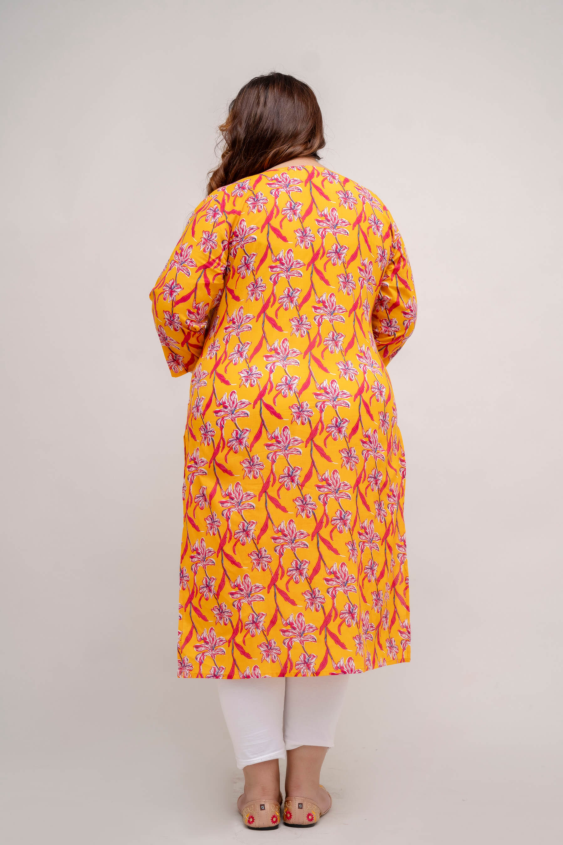 Back view yellow floral cotton kurti; soft plus size everyday wear for full figure 3XL–9XL