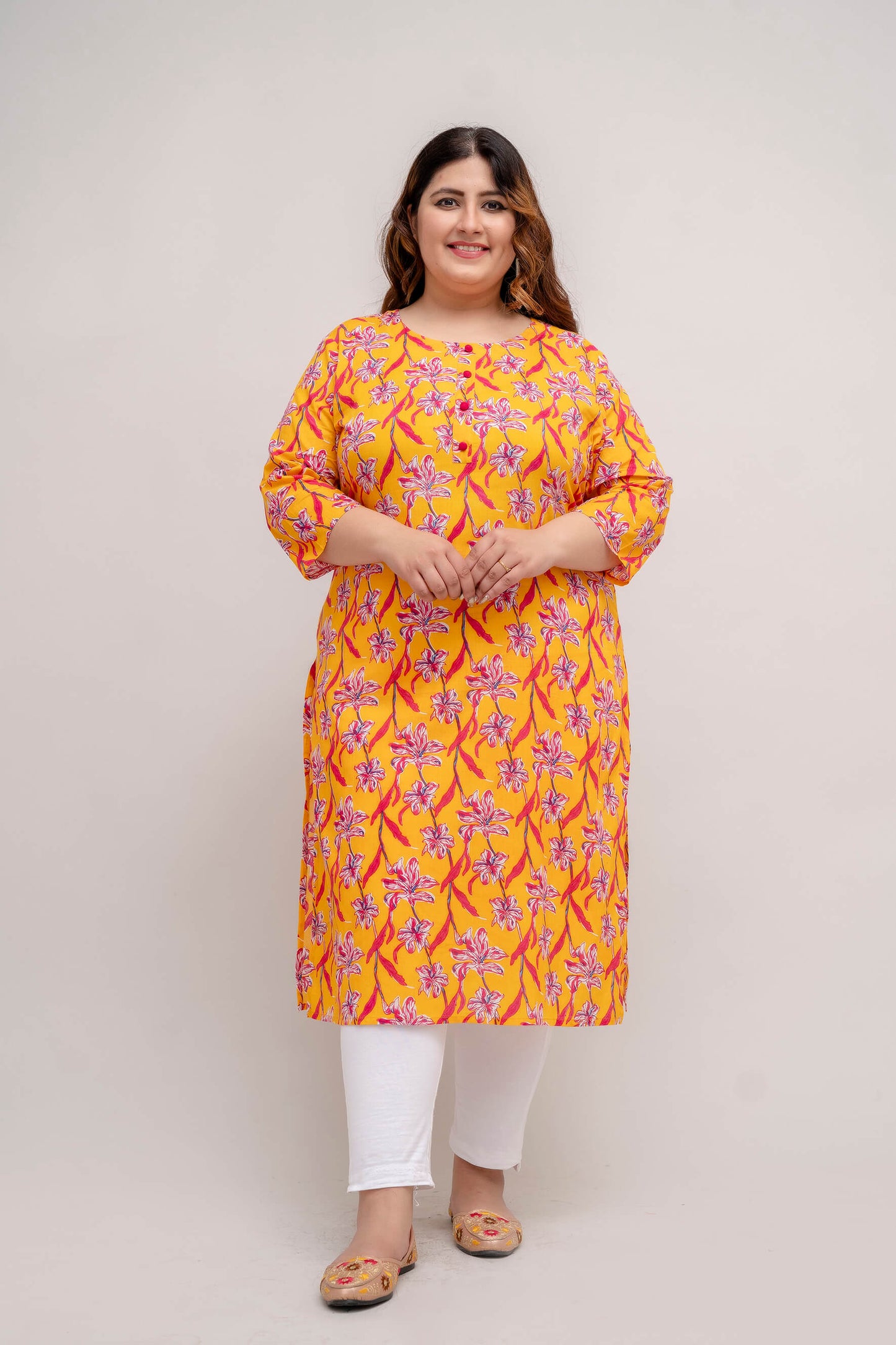 Front view yellow cotton floral kurti; breathable plus size big size 3XL–9XL fat-friendly outfit by Curvisha