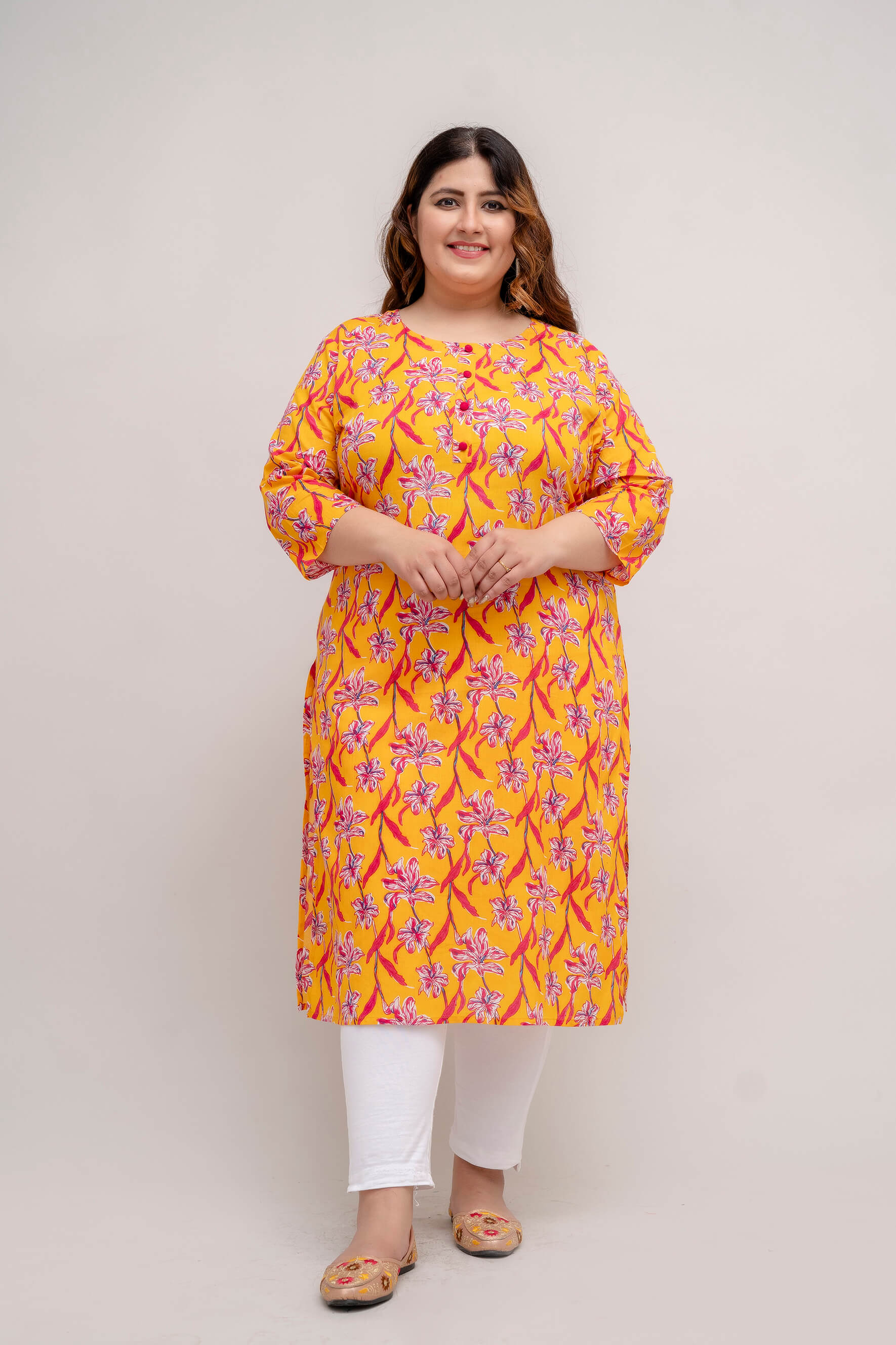Front view yellow cotton floral kurti; breathable plus size big size 3XL–9XL fat-friendly outfit by Curvisha