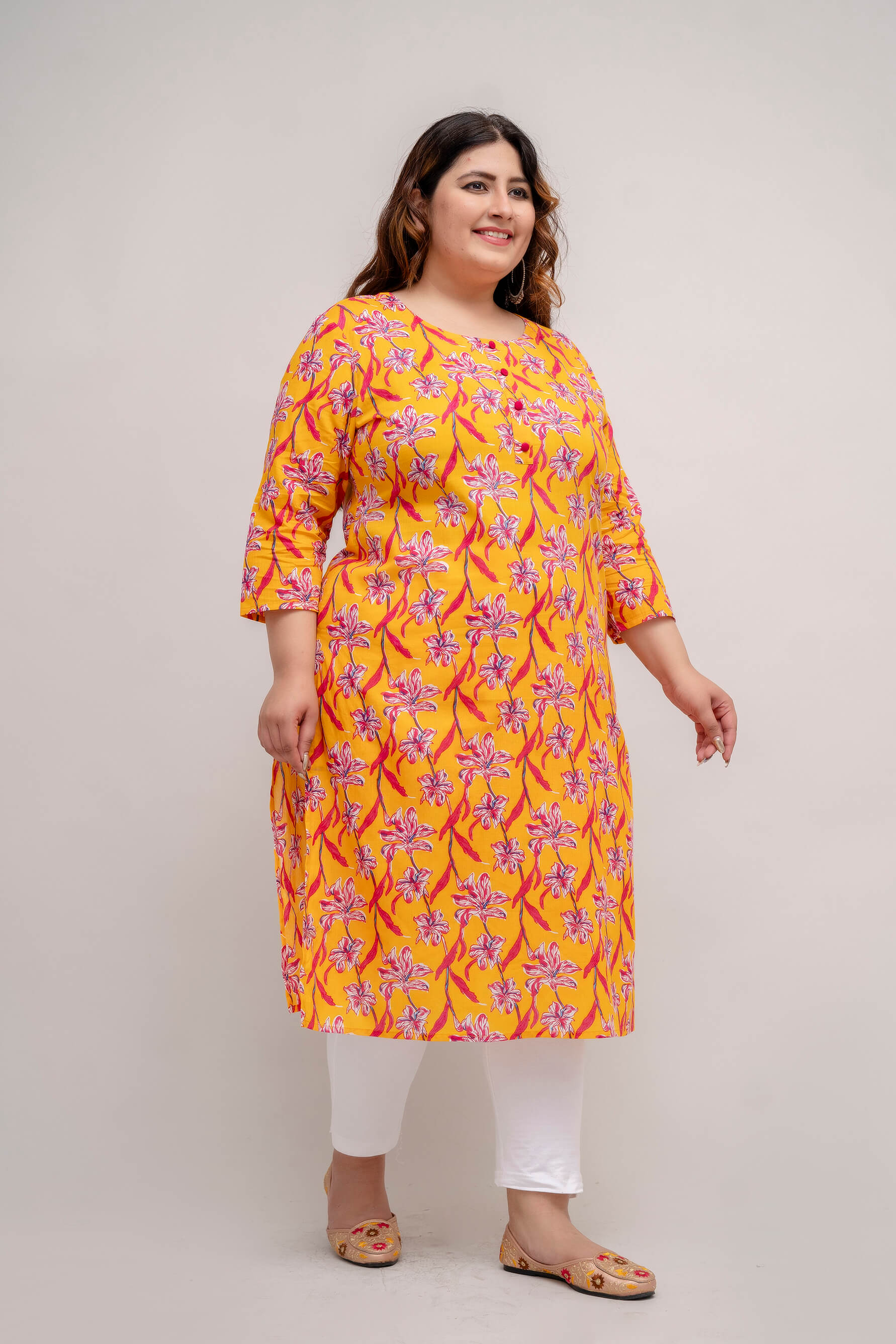 Yellow cotton floral kurti in motion; comfy big size/fat-friendly style for summer days