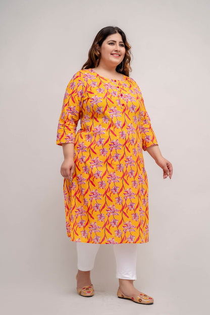 Yellow cotton floral kurti in motion; comfy big size/fat-friendly style for summer days